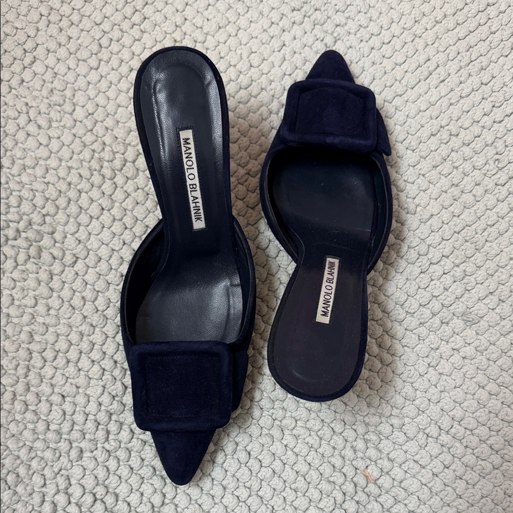 Manolo Blahnik Dark Blue Suede Mules